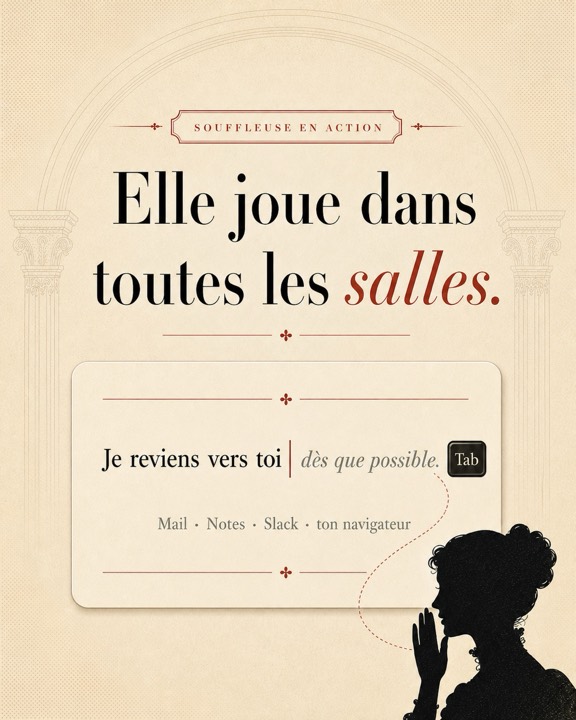 Autocomplétion IA sur Mac : « Je reviens vers toi » complété par « dès que possible » avec la touche Tab, dans Mail, Notes, Slack et le navigateur.