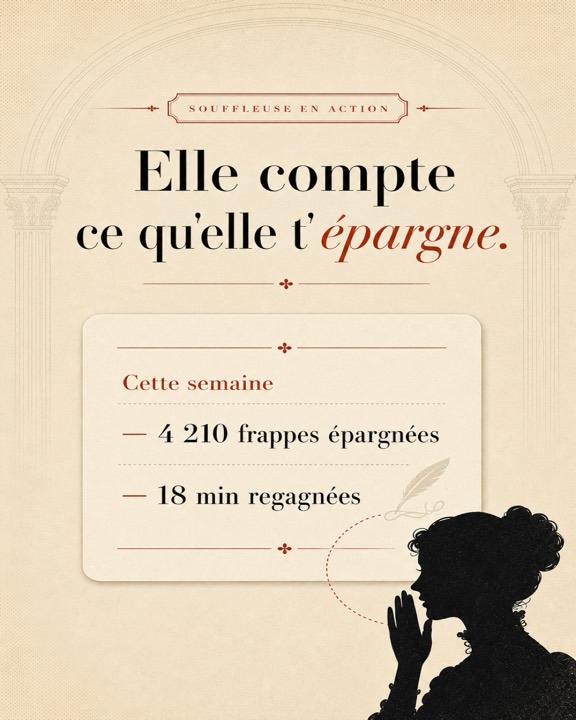 Carnet d'usage de Souffleuse : frappes épargnées et minutes gagnées grâce à l'autocomplétion, visibles par vous seul.