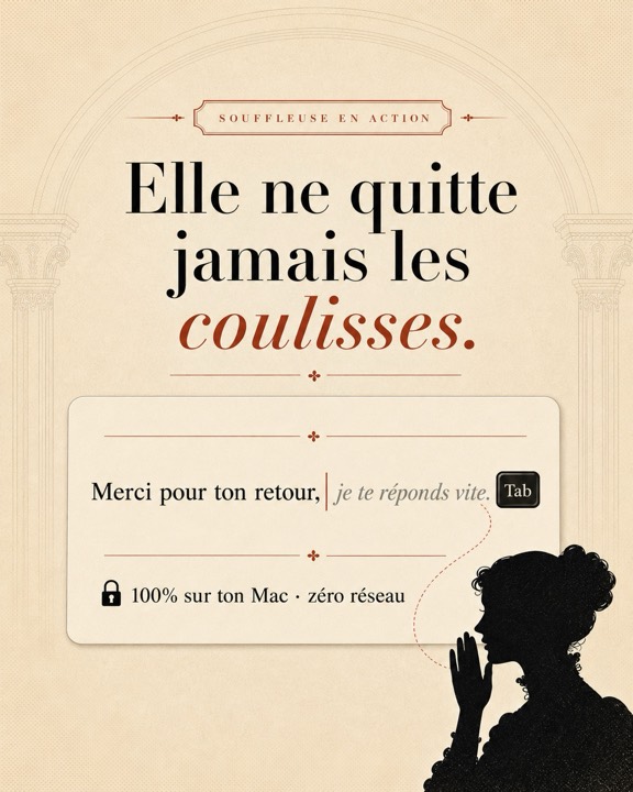 IA locale sur Mac : Souffleuse fonctionne hors ligne, aucun texte n'est envoyé sur internet, tout reste sur la machine.